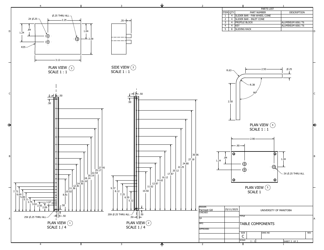 Inspection Table Components drawing sheet