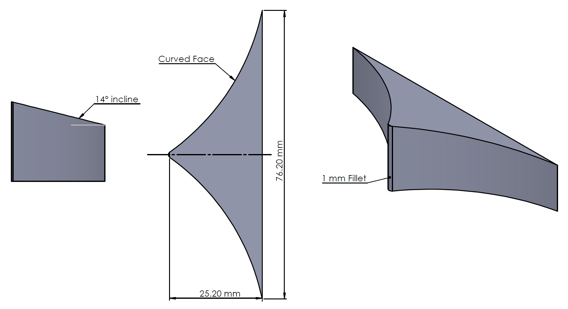 Flow director geometry: 14 degree top face, curved front, center fillet.