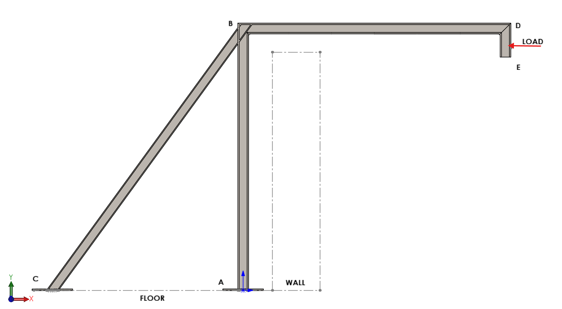 Member diagram of the optimized frame: vertical AB, diagonal BC, horizontal BD, overhang DE.